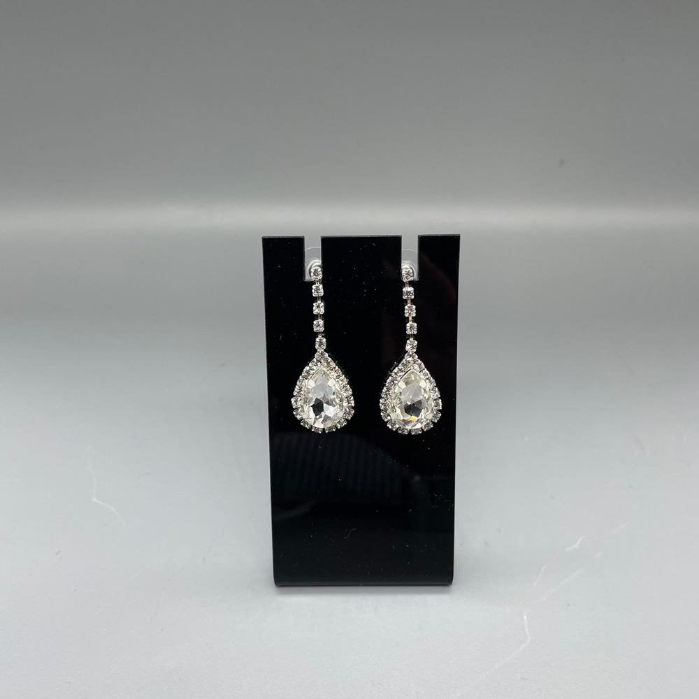 Silver Tone Clear Crystal Teardrop Dangle Earrings Bridal Wedding Formal Drop